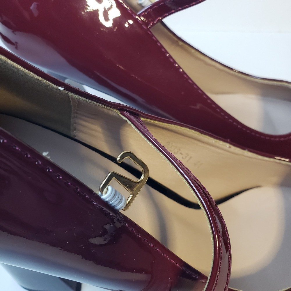 Women's Burgundy Patent Leather Mary Jane Block Heel Shoes Ankle Strap Sz 41 EU - Picture 6 of 11